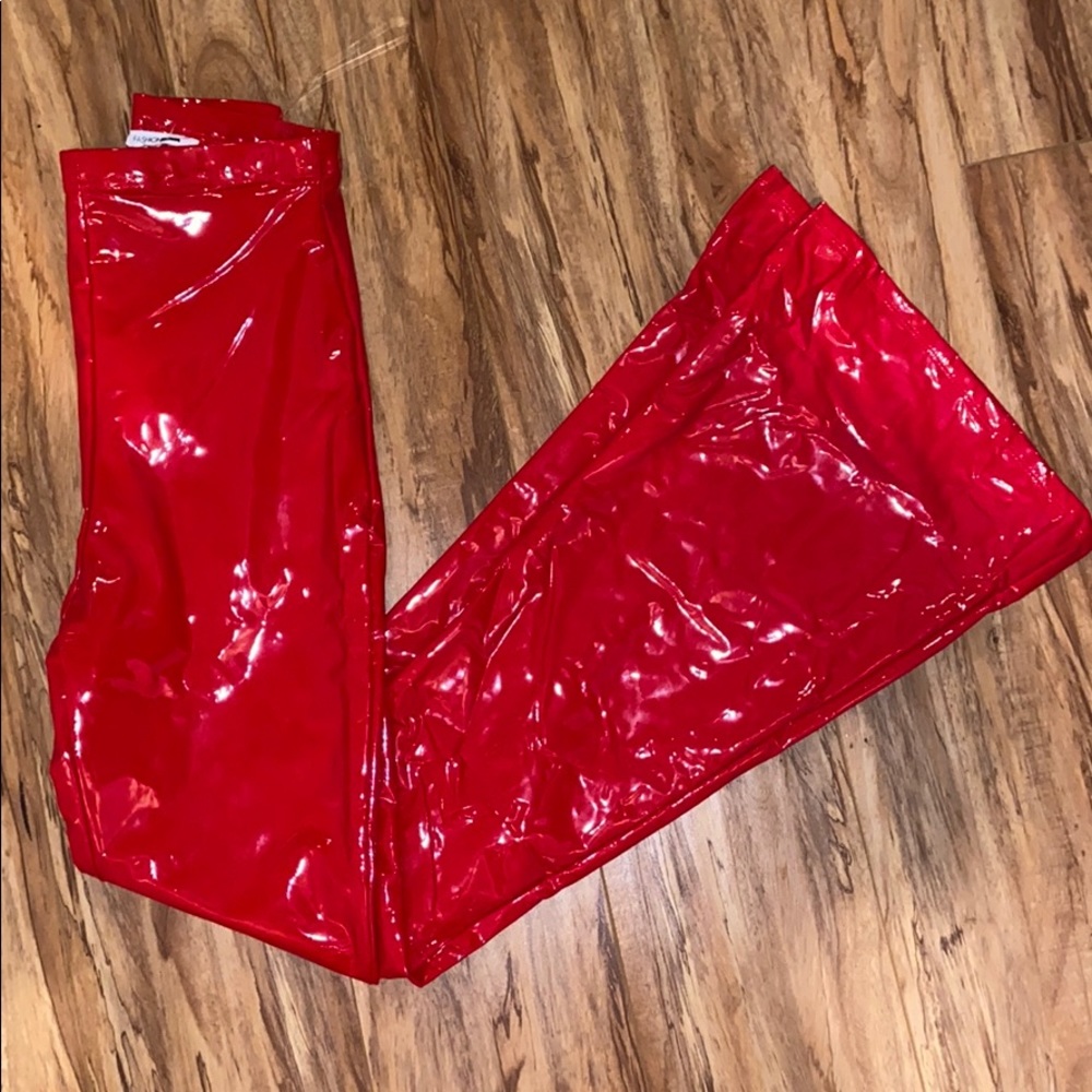 Red latex bootcut pants